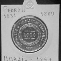 Монета Бразилия 1000 Реис 1857 г. Крал Педро II - aUNC, снимка 1 - Нумизматика и бонистика - 35778097
