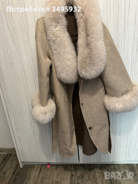 Ново палто алпака с естествена яка в цвят бежаво, снимка 1
