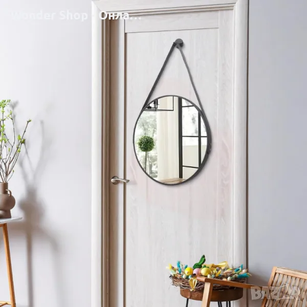 Елегантно кръгло огледало с черна рамка и кожена каишка – Добавете стил и изтънченост във вашия инте, снимка 1