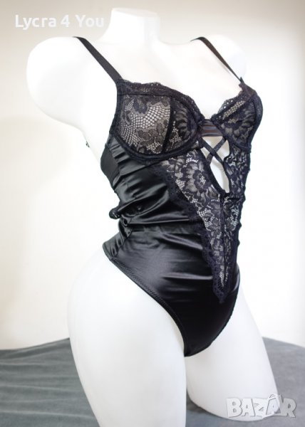 Asos Design 75B черно еластично сатенено боди с дантела. , снимка 1