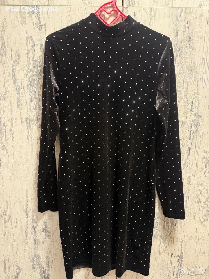 Нова парти бляскава коктейлна официална черна кадифе кадифена рокля, снимка 1