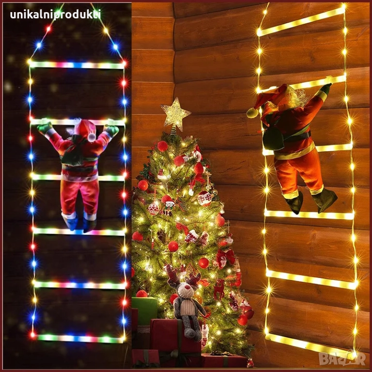 Светеща коледна стълба с катерещ се дядо коледа топла или многоцветна светлина 1.5м , снимка 1