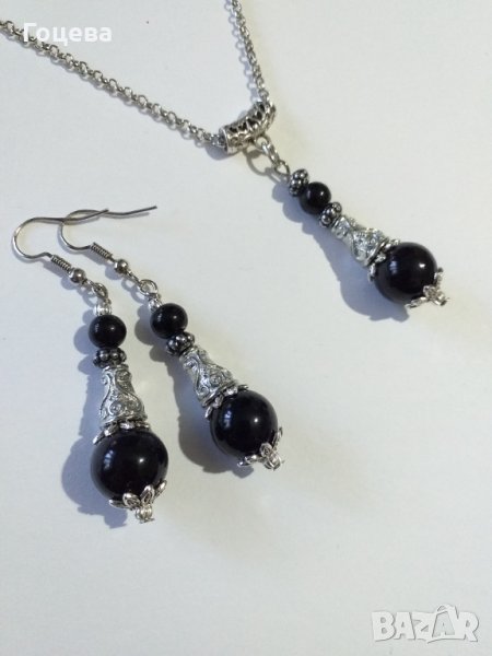 Красив комплект бижута с черен порцелан и прекрасни орнаменти в цвят Сребро , снимка 1