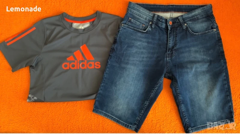 Мъжки дънкови къси панталони  и тениска Adidas S размер, снимка 1