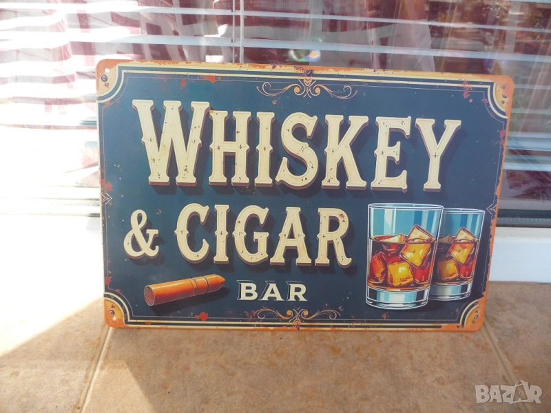 Метална табела уиски пури бар чаши лед барче приятели среща мека топлина алкохолни напитки алкохол, снимка 1