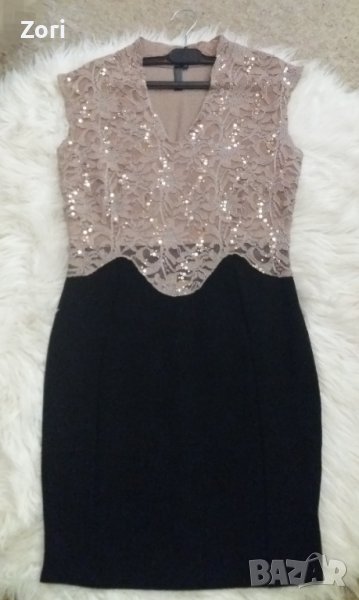ИЗКЛЮЧИТЕЛНО КРАСИВА и СТИЛНА рокля в черно с бежова дантела и пайети по нея, снимка 1