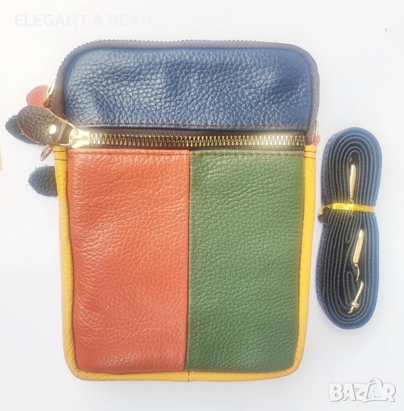 Унисекс кожена чантичка с дълга дръжка многоцветна тип пачуърк, снимка 1