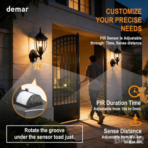 Външна стенна лампа със сензор за движение, регулируема PIR охранителна лампа, без крушка, снимка 2 - Лампи за стена - 53783749