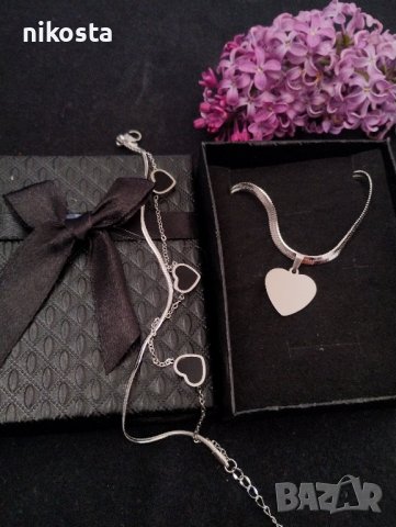 Колие и гривна със сърце/ Цвят на сърцата на гривната: бял, черен, снимка 1 - Бижутерийни комплекти - 44439226