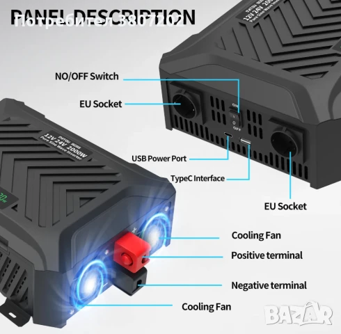 Универсален инвертор чиста синусоида с LCD екран/2 в 1/ DC 12/24v/AUTO/ към AC220v 50Hz-4000W, снимка 5 - Други - 50867174
