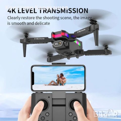 Drone F190 черен модел с LED, 4k камера, Wifi свързаност, сензор за гравитация, 360° ротация и сензо, снимка 1 - Дронове и аксесоари - 41871977