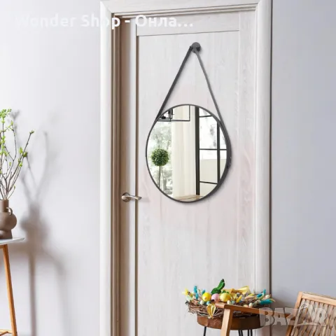 Елегантно кръгло огледало с черна рамка и кожена каишка – Добавете стил и изтънченост във вашия инте, снимка 1