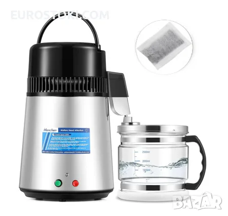 Дестилатор за вода Hanchen 750W, 4L, неръждаема стомана 304, стъклен съд, въглероден филтър 