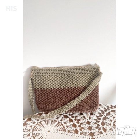 Дамска плетена чанта, беж и кафяво, ръчно изработена, снимка 5 - Чанти - 42698885