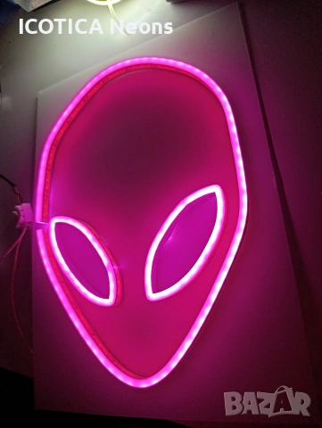 👽 LED Неонова Лилава Глава на Извънземно, снимка 4 - Лед осветление - 53565078