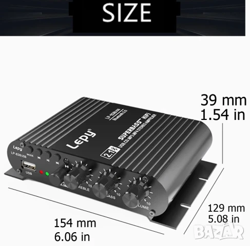 Аудио усилвател за тонколони и бас, стерео аудио система, Bluetooth, USB, домашен, автомобилен, AUX, снимка 7 - Тонколони - 50980023