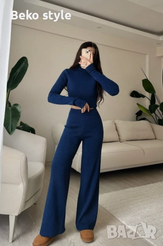 Дамски комплект фино плетиво наличен в Кафаво Зелено Синьо, снимка 4 - Комплекти - 52507668