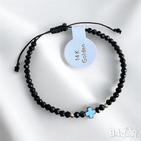 Гривна с кръстче от хематит и две 14 каратови топченца