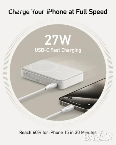 Anker MagGo Power Bank за iPhone 10 000 mAh Qi2 – 15W, MagSafe, стойка, бял, снимка 7 - Аксесоари за Apple - 55949082