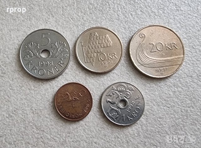 Монети. Норвегия. 50 оре, 1, 5, 10 и 20 крони . Последна серия.