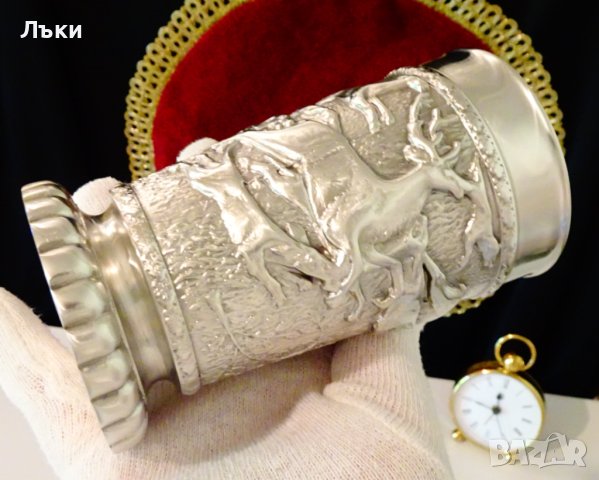 Бокал,халба от калай с ловна картина шедьовър,авторска, снимка 14 - Антикварни и старинни предмети - 41693347