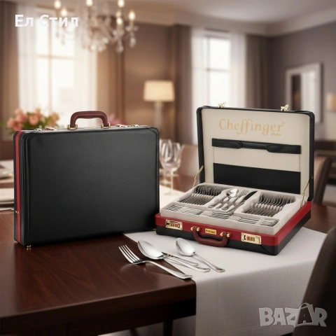 Луксозен комплект прибори Cheffinger – 72 части със сребърно/златно покритие и куфар за съхранение, снимка 4 - Прибори за хранене, готвене и сервиране - 53567352