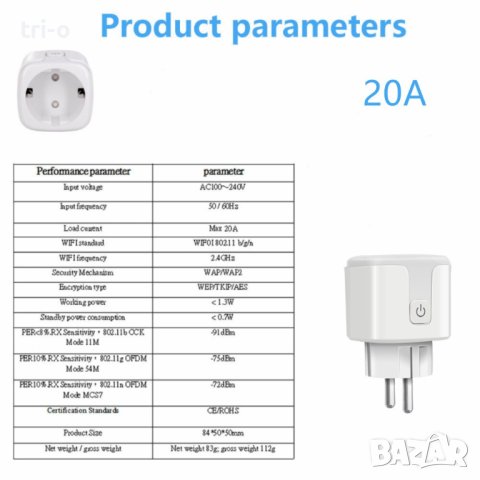 WiFi Смарт контакт 20A, снимка 12 - Друга електроника - 41850755