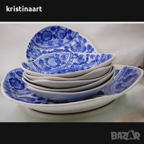 Старинен сервиз от 7 части ръчно декориран в синьо, снимка 4 - Антикварни и старинни предмети - 40309263