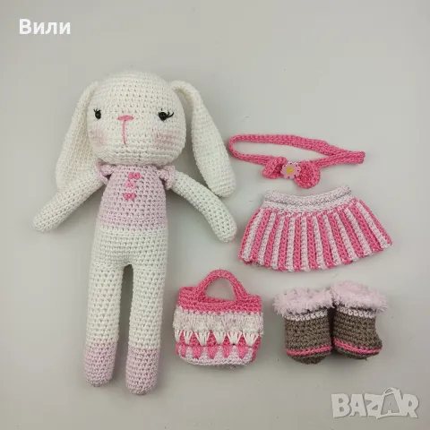 Плетено зайче, играчка ръчна изработка, подарък за момиче, зайче с чанта и рокля, снимка 2 - Плюшени играчки - 49425933