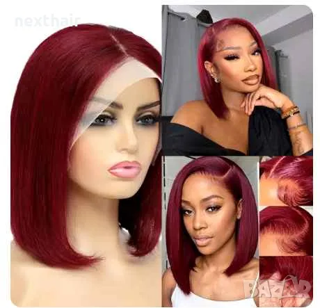 Естествена права 30 см тъмно червена перука с дантела 13x4 лейс фронт, снимка 10 - Аксесоари за коса - 47909140