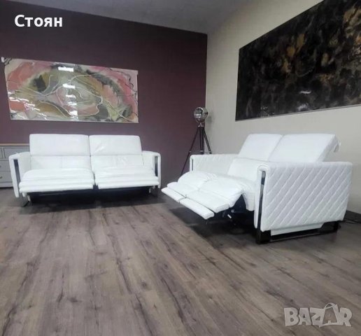 Бял кожен комплект дивани тройка и двойка с релаксиращ механизъм, снимка 4 - Дивани и мека мебел - 42422381