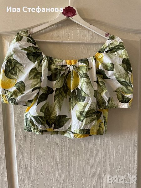 Разкошен нов свеж топ бюстие лимони лимон зелен листа квадратно деколте hm h&m , снимка 1