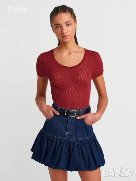 Нежна блуза, фино машино плетиво, цвят бордо, снимка 1