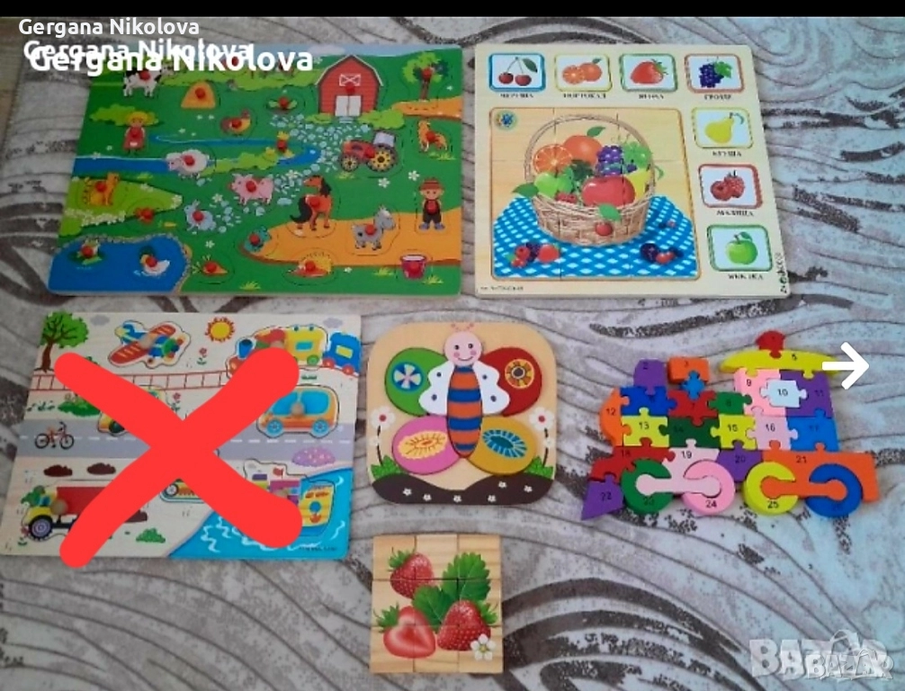Дървени пъзели,сортер и сервиз за хранене, снимка 1