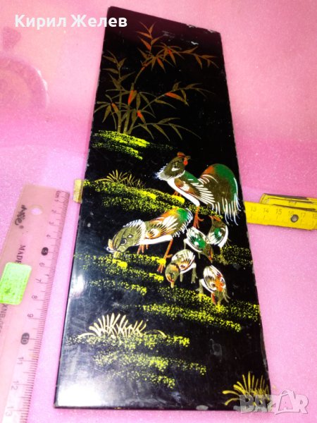 СТАРО АЗИАТСКО ГОЛЯМО ДЕКОРАТИВНО РИСУВАНО ДЪРВЕНО ПАНО РИСУНКА КАРТИНА с ЕКЗОТИЧНИ ПТИЦИ 42837, снимка 1