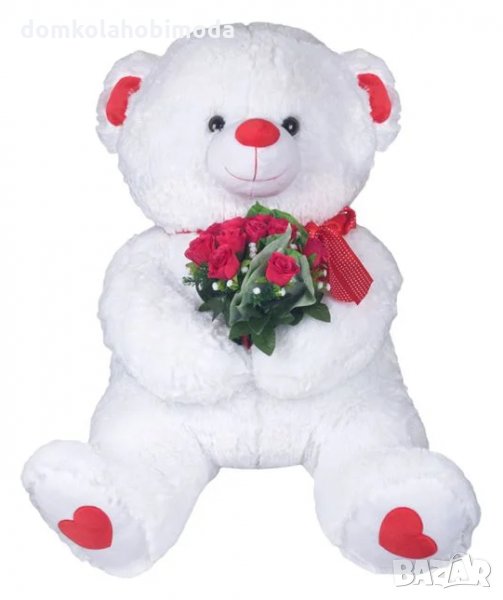 Голямо плюшено мече с букет изкуствени рози, 70 см, снимка 1