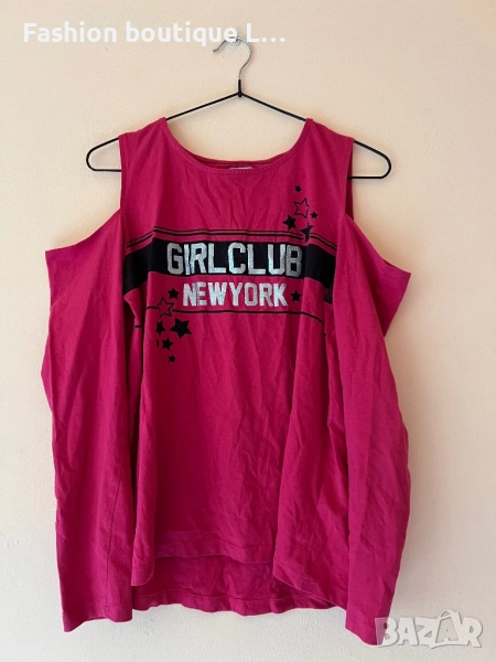 Цикламена блуза 100% памук с изрязано рамо S размер и надпис Girl Club New York 🩷🩷🩷, снимка 1