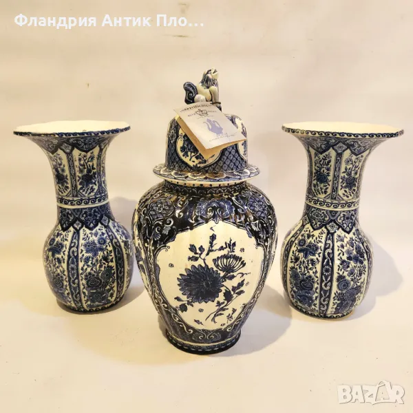 Антикварен комплект Delft – 2 вази и покрит съд, снимка 1