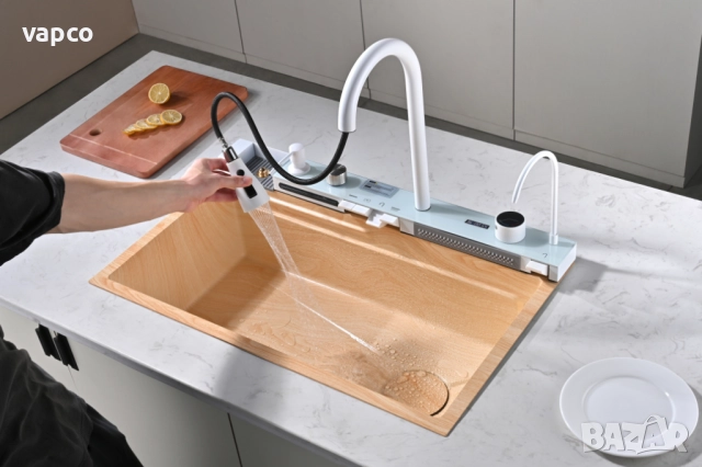 Дъб натур - Мултифункционална кухненска мивка с двоен водопад , снимка 6 - Мивки - 52130617