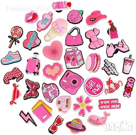 Нови 36 броя различни форми розови аксесоари за обувки Croc джапанки Момичета Подарък, снимка 1 - Други - 41793894