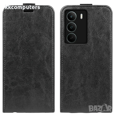 Вертикален Кожен Калъф за Realme C71 4G - Флип, Crazy Horse текстура, Слот за Карта, Вкл. Протектор 