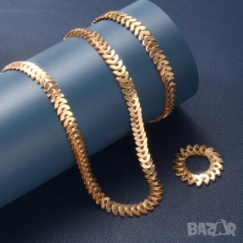 Комплект дамски колие, гривна и пръстен, позлатени