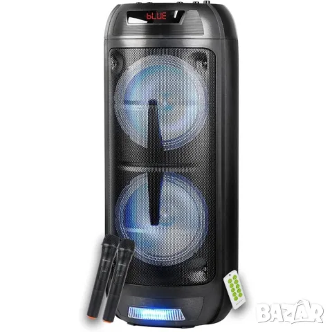 ПРЕНОСИМА КАРАОКЕ ТОНКОЛОНА С BLUETOOTH, LED СВЕТЛИНИ И 2 БЕЗЖИЧНИ МИКРОФОНА