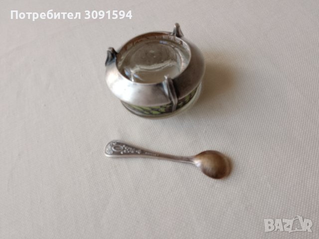 Руски мелхиорен съд за хайвер ,сол,със  емайл оригинална лъжичка, снимка 4 - Антикварни и старинни предмети - 41610950