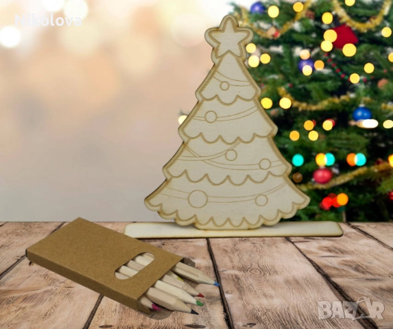 Коледна дървена фигурка за оцветяване със стойка и моливи, снимка 2 - Фигурки - 52276070