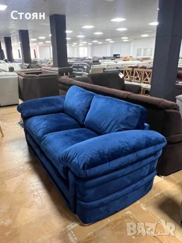 Син диван тройка от плат кадифе, снимка 2 - Дивани и мека мебел - 40628137
