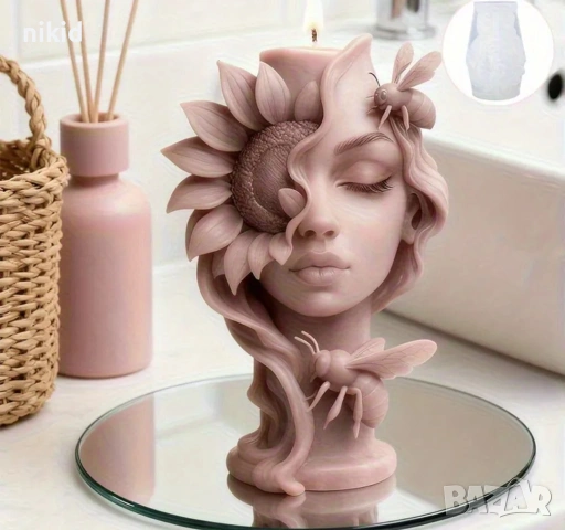 3D Дамско лице цвете слънчоглед и пчели силиконов молд форма шоколад гипс смола свещ декор, снимка 3 - Форми - 53026732