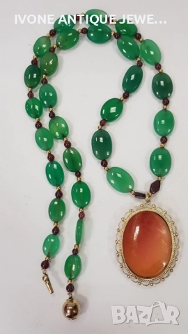 Колие от хризопраст, гранати и камея , снимка 5 - Колиета, медальони, синджири - 52794650