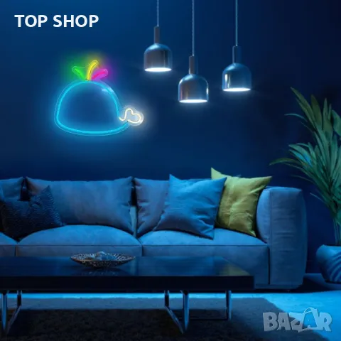 LED неонова табела Blue Whale за стенен декор, захранване от USB с димер, снимка 3 - Лед осветление - 49944969