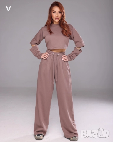 Дамски спортен сет екип комплект Recharge топ + широк панталон с висока талия пепел от рози, снимка 4 - Спортни екипи - 52740096